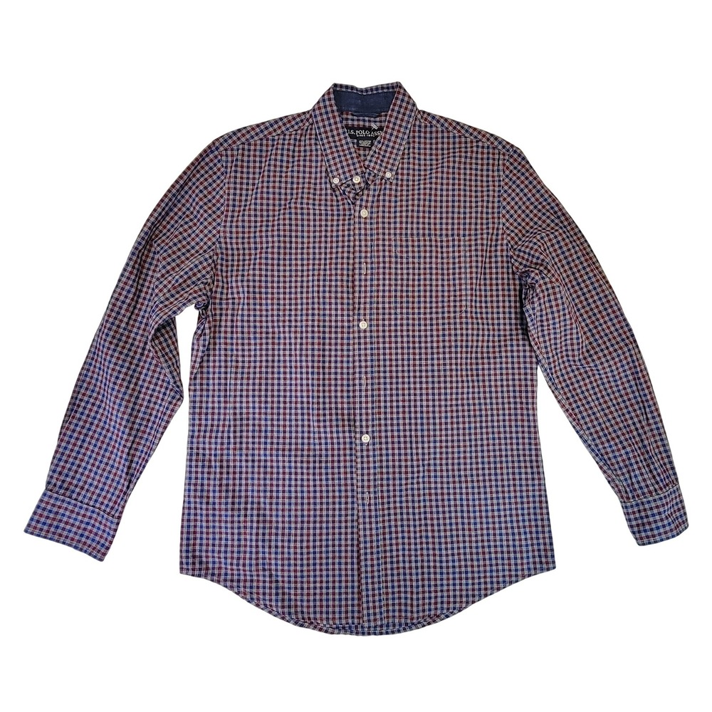 US‎ Polo Assn Mens Long Sleeve Button Down Shirt Red Blue Plaid Cotton Size M